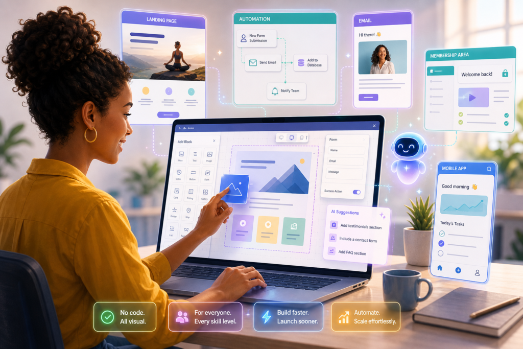 Mulher usando um construtor visual para criar páginas, automações, e-mails e app móvel sem código